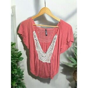 Flying Tomato Boho Coral Blouse – Women’s Medium Crochet Lace